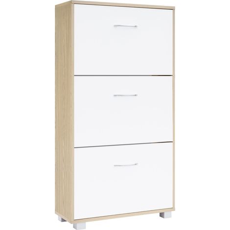 CASARIA® Shoe Storage Cabinet Rack 3 Doors Modern Wooden Cupboard Organiser For Shoes Toys Clothes Footwear Books Perfect for Narrow Hallways 115x60x24cm Oak-White (1/5)