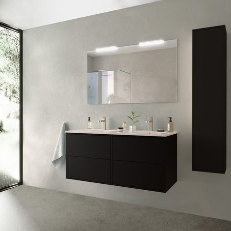 Mueble de baño suspendido de 120 cm en madera negro mate con lavabo de porcelana - Olympus - 120 cm Con espejo doble columna y doble lámpara LED - Accessorio: Con doppio specchio e LED - Misura: 120 c