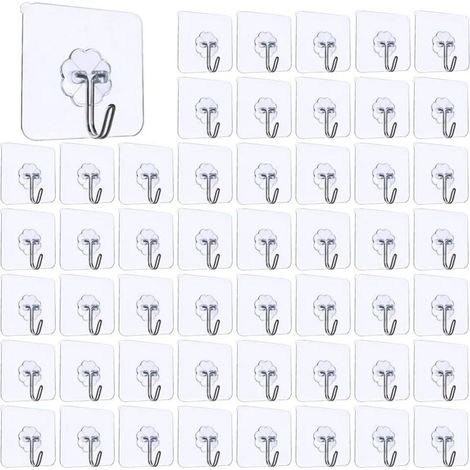 50 crochets transparents et autocollants pour cuisine, mur, salle de bain, serviettes, articles ménagers et plafond. Crochets en acier inoxydable.
