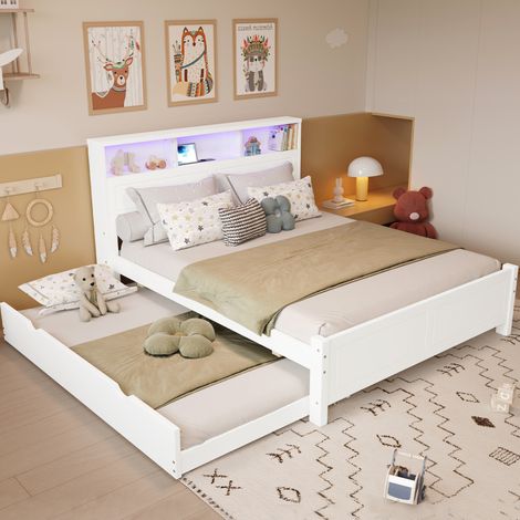 Cama doble moderna 120x200 cm con cama nido 90x190 cm, cabecero con almacenaje, LED y toma de carga, blanco (1/5)