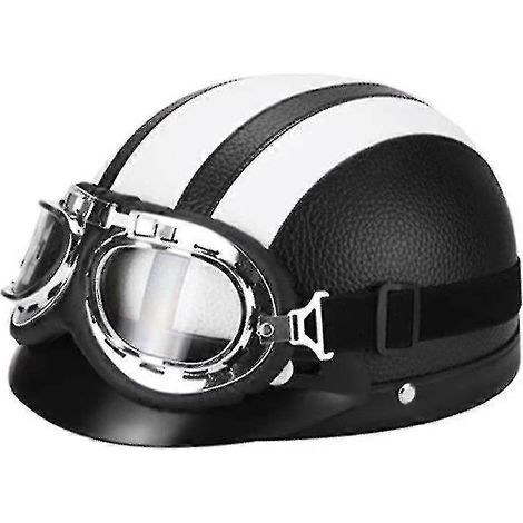 Casque demi-jet rétro en cuir blanc pour moto avec lunettes (1/2)