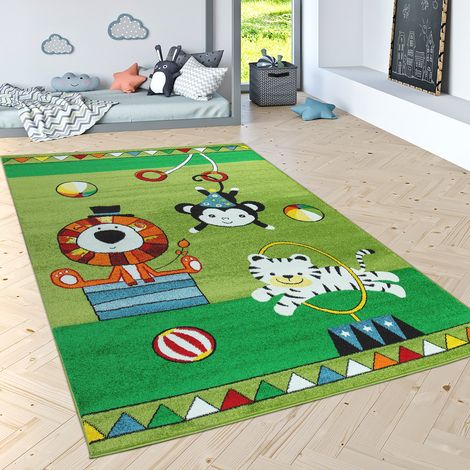 Paco Home Kinderteppich Spielteppich Süße Zirkus Tiere Tiger Löwe Affe Verspielt In Grün Bunt 120x170 cm