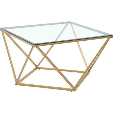 Table Basse ALINA Carrée Plateau Verre Trempé Transparent Pieds Gold 80x80x45cm (1/5)