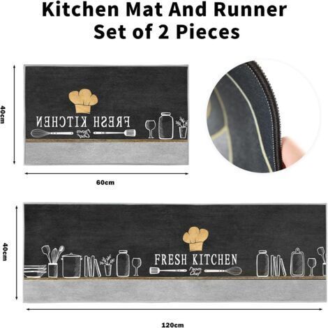 NALOOKAMIC Lot de 2 tapis de cuisine lavables - Motif : tapis de cuisine antidérapant - Pour cuisine, salle à manger, 40 x 120 cm + 40 x 60 cm (chapeau de chef) (1/4)