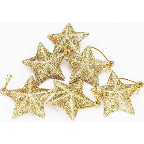Décorations pour sapin de Noël, lot de 6 / paquet : pendentifs en forme d'étoile à cinq branches, accessoires de décoration, étoiles pailletées pour sapin de Noël (1/4)