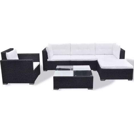 Salon de jardin 6 pièces résine tressée noir coussins blanc Kim 2 (1/5)