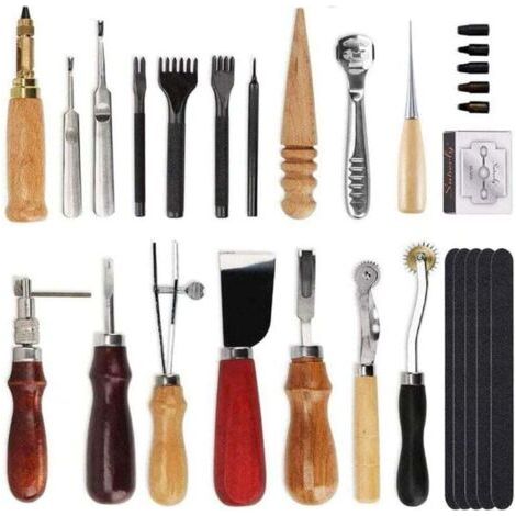 18PCS Kit Outils Cuir DIY Outillage Poinçon Artisanat Maroquinerie Bricolage Main Punch Trou Stitching Working Sewing Saddle Groover (1/5)