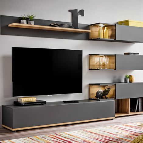 Paris Prix – Meuble TV 240cm anthracite et naturel – 1 porte abattante – 3 compartiments de rangement – Éclairage LED intégré (1/5)