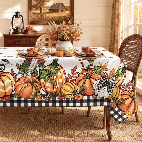 Tischdecke Polyester Kürbis kariert 152x264 cm waschbar Herbstdeko