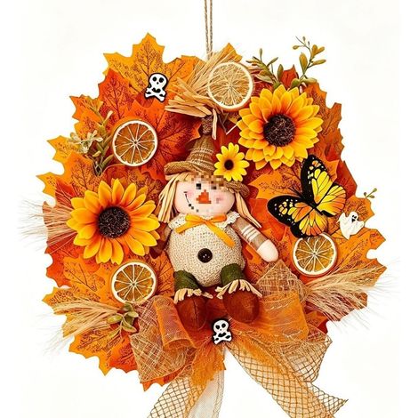 Halloween outdoor door decorations, straw doll ornaments, wreaths, Thanksgiving entryway fence decorations, festive decorations, pastoral style scarecrow wreaths -