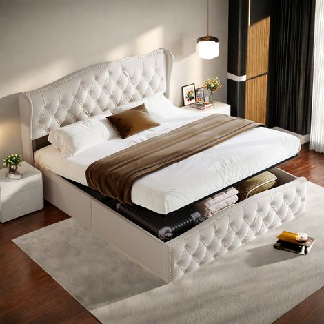 Letto imbottito, letto moderno con ampio spazio contenitore, 140 x 200 cm, tessuto in velluto con decorazione a rivetti. Elegante letto matrimoniale per ragazzi, bambini e adulti, senza materasso (1/5)