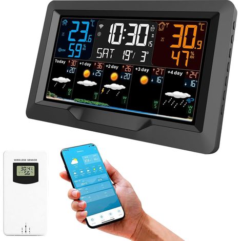 Station météo sans fil intérieure et extérieure Wi-Fi,Prévisions à 5 jours Connectée en Wi-Fi, Prévisions à 5 jours, Écran à 4 niveaux de luminosité réglables,Capteur de température et d'humidité (1/5)