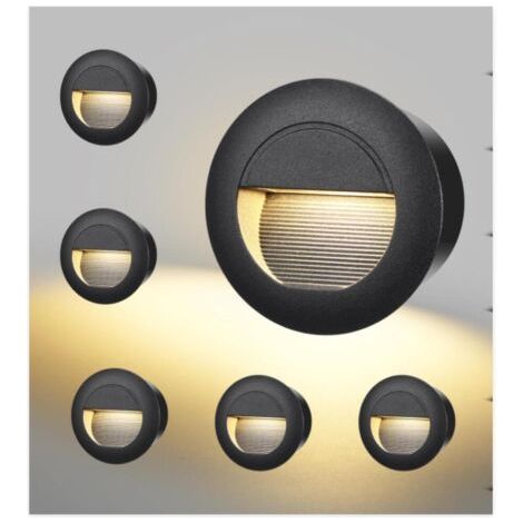 6 Pack Eclairage D'escalier 3W 500lm, Luminaire LED 230V 3000K, Rond 85x85mm, IP65 Applique Encastrée, Luminaire D'escalier pour Escalier Mural, Douilles Encastrées 68mm, Aluminium Noir (1/5)