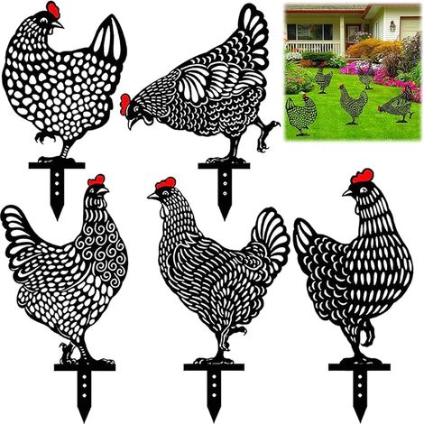 5Pcs Poulet du Jardin Décoration,Poule Réaliste,Art De La Cour De Poulet,Simulation Creuse Acrylique Jardin Décoratif De La Carte De Poulet Noir,Ornements de Pelouse Extérieure (1/5)