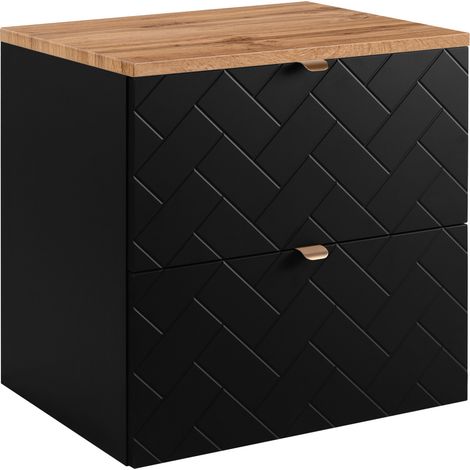 Furnidea - Meuble sous vasque MADIS NOIR 60 cm avec le plan CHÊNE - 2 tiroirs, façades motif chevron, design moderne (1/5)