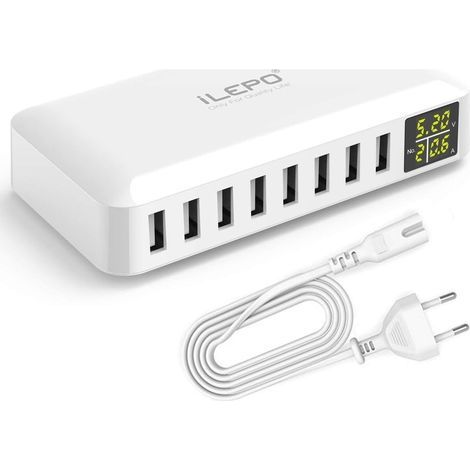 Chargeur USB 5V8A 8 Ports avec Affichage à LCD, Station de Recharge Intelligente Prise Multiple USB Compatible avec iPhone XS XR SE, iPad, Samsung Galaxy, Redmi, Téléphones Android etc. (1/5)