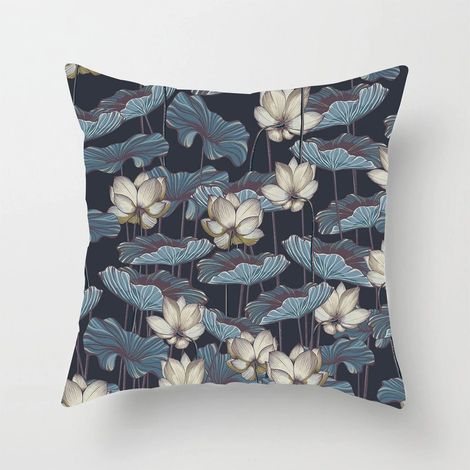 Taie D'oreiller Coton Linen Imprimé Lotus - Double Face - Pour Canapé Lit Chaise Bureau Extérieur - 40x40 cm (1/5)