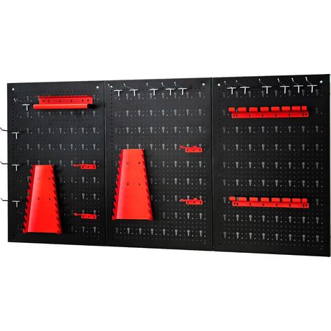 Lot de 3 panneaux perforés pour rangement d'outils 120 x 60 x 2,5 cm multifonctionnel design moderne en acier noir rouge