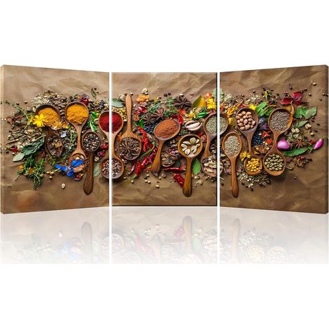 Peinture Impression Sur Toile Décoration Ingrédients Colorés Épices Tableau Decoration Murale Cuisine Tableau Sur Toile Decoration Murale Peinture Restaurant Dortoir cadre 3 Pcs, 30×40cm (1/5)