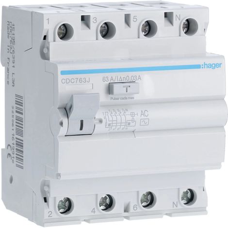 Interruptor diferencial de 4 módulos (63A 30mA 230/400V) adecuado para carril DIN IP20 8,3x7x7cm