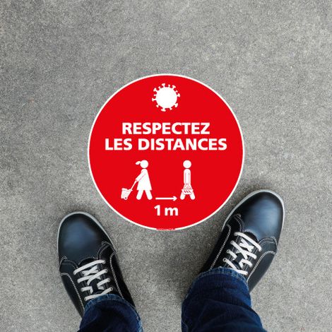 SIGNALETIQUE AU SOL COMMERCES COVID 19 - GESTES BARRIERES CORONAVIRUS - DISTANCES DE SECURITE - Distance de 1m - Diamètre 250 mm (1/4)