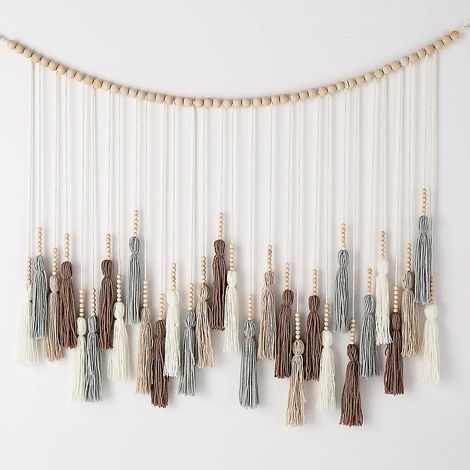 Décoration murale style bohème - Suspension murale micro-cadre - Grand pendentif à pompons et perles de bois - Décoration de fond pour chambre d'appartement style bohème (1/4)