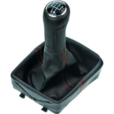 Pommeau de levier de vitesses et soufflet compatibles avec VW Polo 4 9N 2001-2009 - 5 vitesses - 12 mm - Noir rouge - avec cadre - Simili cuir - Changement de vitesse manuel - (A255-1) (1/4)