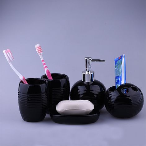 5-teiliges Badezimmer-Accessoires-Set aus Keramik, Zahnbürstenhalter und Spender (Schwarz) (1/5)