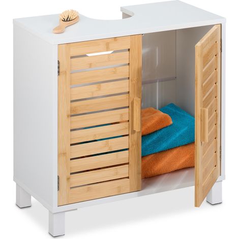 Relaxdays Mobiletto Sottolavabo, HLP: 60x60x32 cm, Armadietto Lavandino, Mobile da Bagno, MDF e Bambù, Naturale Bianco