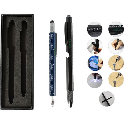 GARRYFIZH Ensemble stylo multifonction 9 en 1, comprenant un stylo multifonction avec lumière LED, stylet, tournevis, niveau et ouvre-bouteille.