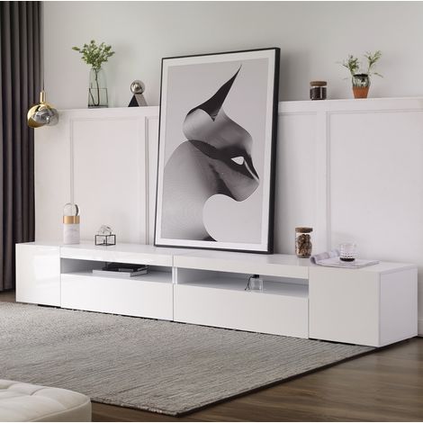 Meuble TV moderne 240x35.5x38.5 cm blanc en MDF avec éclairage LED variable et grande capacité (1/5)
