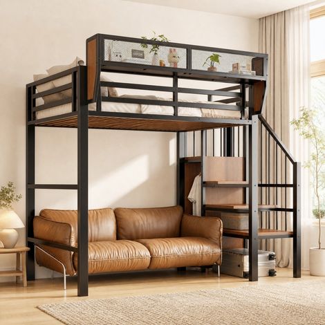 Cama alta 90x200 de metal negra con escalera de seguridad y almacenamiento flexible, OKWISH (1/5)