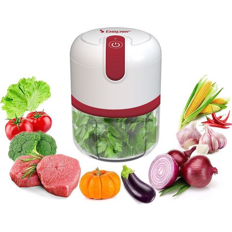 BEPER P102ROB050 Tritatutto ricaricabile USB, Mini Robot da Cucina, Capacità 250 ml, Potenza 3,7V,3 Lame Acciaio Inossidabile, Batteria ricaricabile, Rosso/Bianco (1/5)