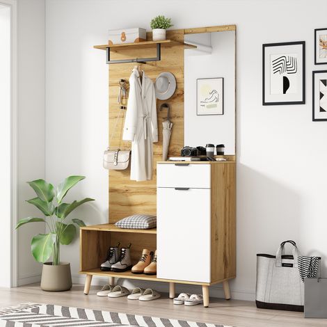 URBAN MEUBLE Vestiaire à l'entée porte manteau effet bois avec miroir, banc et rangement 104x37x190cm (1/5)