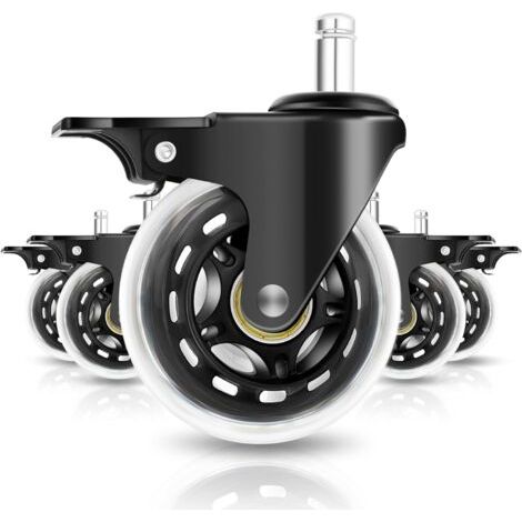 Set of 5 75mm Single Caster Office Chair Wheels with Brake 11mm x 22mm, Swivel Casters, Silent & Smooth Gliding, Casters for Carpets, Tiles, Parquet Flooring (1/5)