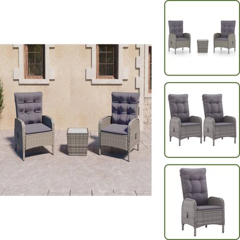 Mesa de centro - vidaXL Mesa y sillas de jardín 3 piezas ratán sintético y vidrio gris - Sillas de jardín gris