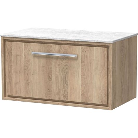Longnor 1 Drawer Wall Hung Vanity Unit with White Marble Worktop, Light Oak, 800mm