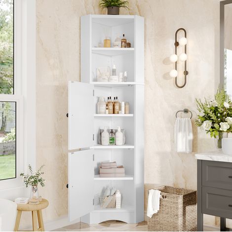 Armario de baño esquinero 51.7x32x155.4 cm blanco MDF lacado con estantes ajustables (1/5)