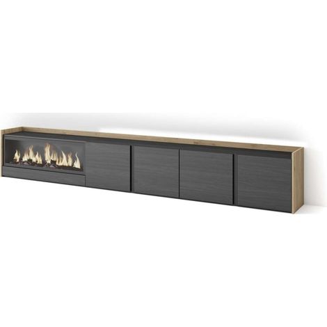 Mueble TV Antequera-02 de 315x50x35 cm con chimenea eléctrica y luces LED, color negro y roble (1/4)