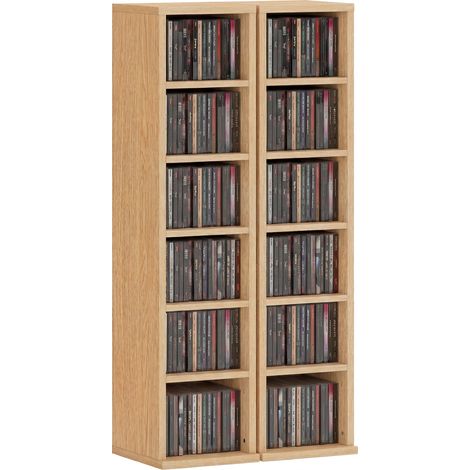 Set di 2 scaffali a colonna, mobiletto porta CD/DVD, 12 scomparti, 21 x 22,5 x 88,5 cm, capacità 204 CD, legno naturale.