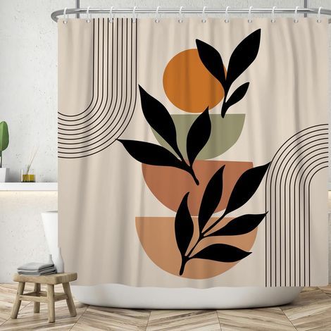 180 x 180 cm großer Duschvorhang im Boho-Stil, modernes abstraktes Boho-Design mit schwarzen Blättern, orangefarbenem Sonnenmuster und khakifarbenen Streifen, waschbarer, wasserdichter Textil-Badevorh (1/5)