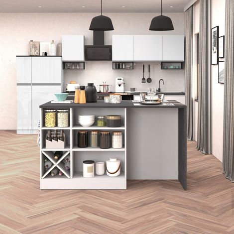 WHOUS Isola da cucina Sole con 1 anta 2 cassetti e 6 vani bianco lucido/report 153x90x91 cm