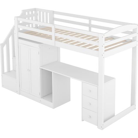 Letto a Soppalco 90 x 200 cm, Letto Singolo con Scrivania, Armadio, 3 Cassetti e Scala Contenitore, senza Materasso (1/5)