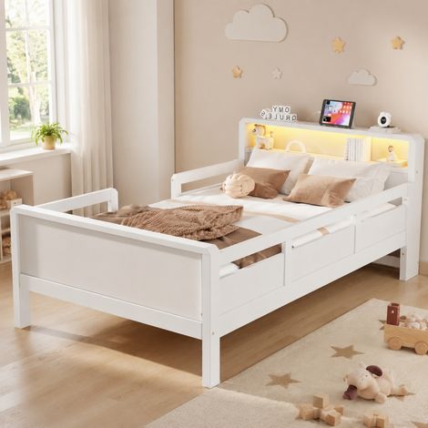 Letto singolo per bambini 90x200 cm in legno bianco con LED, presa USB e Type-C (1/5)