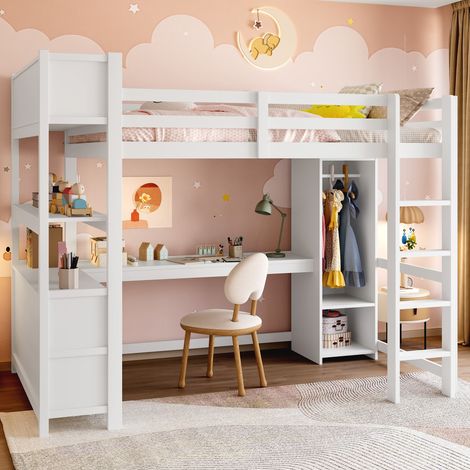 Lit mezzanine 140x200 cm avec bureau armoire et étagères lit enfant avec rangements en pin et MDF blanc (1/5)