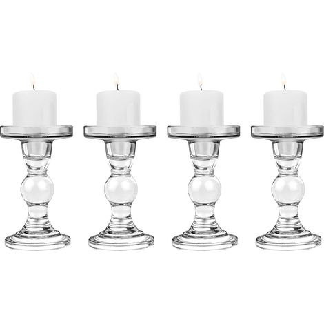 4 PCS Bougeoirs en Verre, (8  8.5  14 cm) Chandelier avec Base Ronde, Support Stable pour Bougie Conique, Décoration Table Style Moderne pour Fête Maison Mariage, Transparent