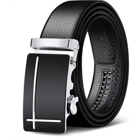 Cinturón automático de trinquete para hombre en piel sintética negra, cinturón automático de trinquete con hebilla para hombre, para trajes y vaqueros, estilo Silver Cross. (1/5)
