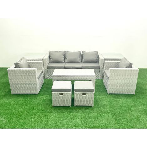 Fimous Salon de jardin 7 places Canapé de jardin Table basse oblongue avec 2 Chaises 2 Stools 2 Tables d'appoint Gris clair mixte (1/5)