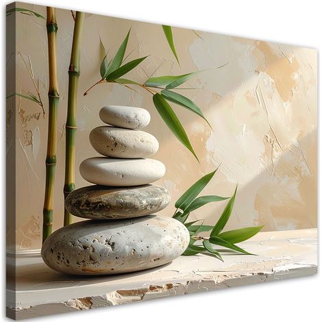Quadro su tela, Pietre Zen Spa foglie di bambù beige, 100x70 (1/5)