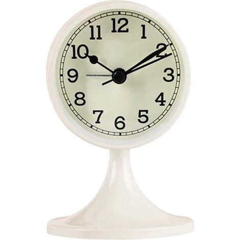 Reloj de sobremesa redondo blanco, silencioso y de estilo retro pequeño elemento decorativo para estante o escritorio. (1/5)